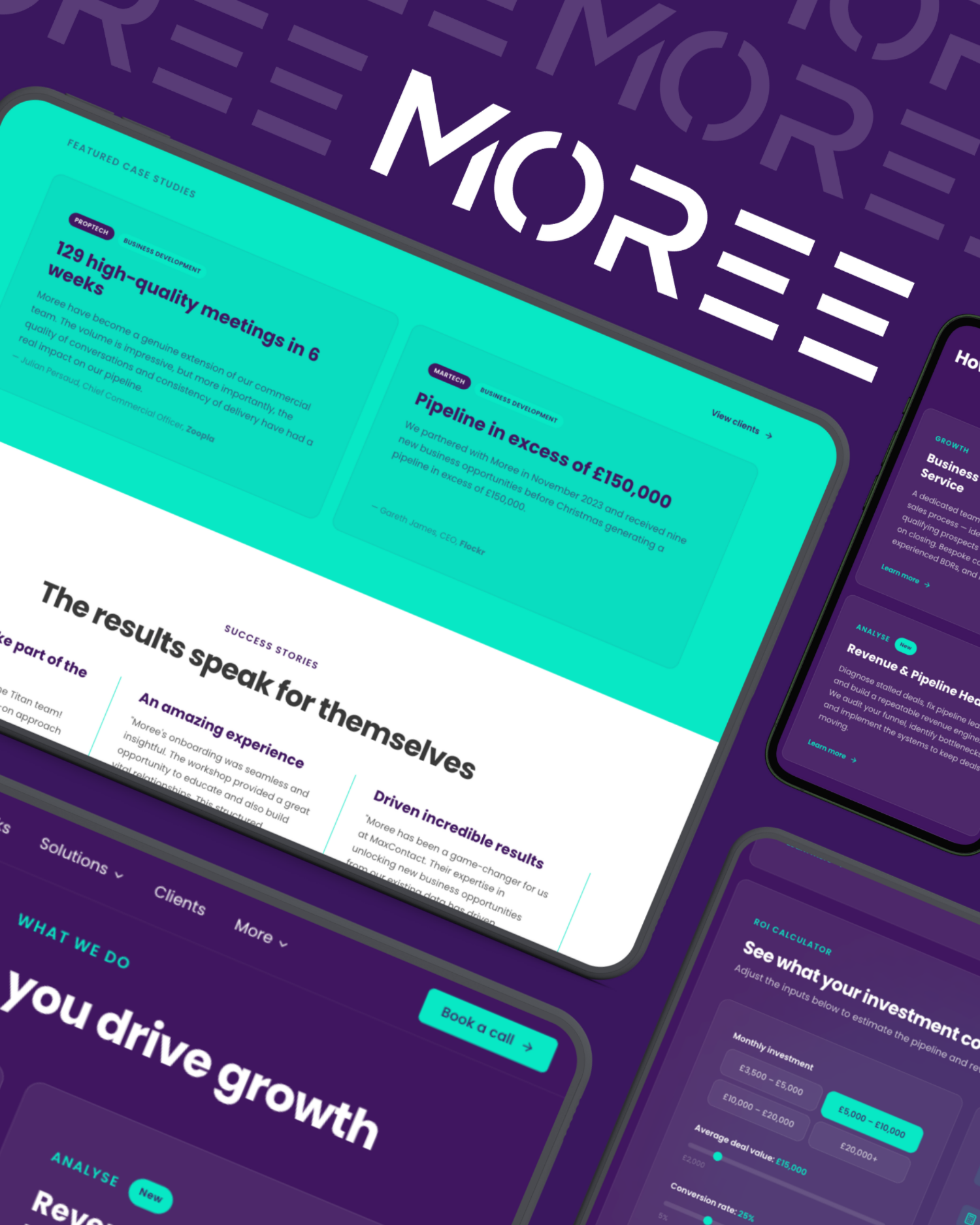 Moree LinkedIn showcase of website and app screens on purple brand background