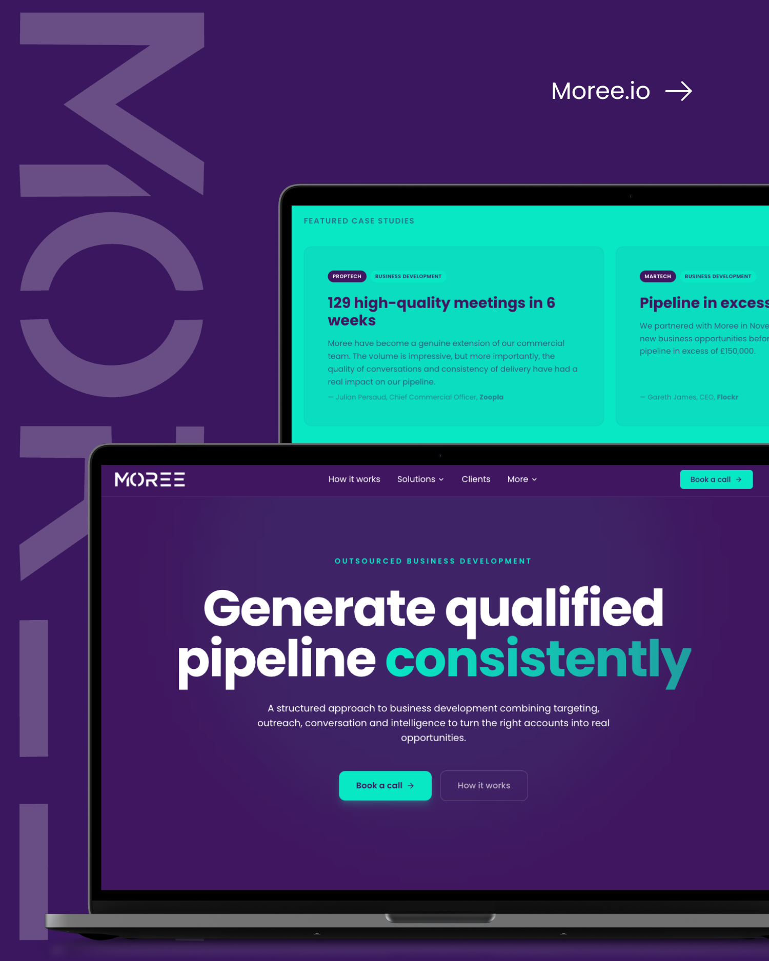 Moree.io homepage hero on laptop with case studies above