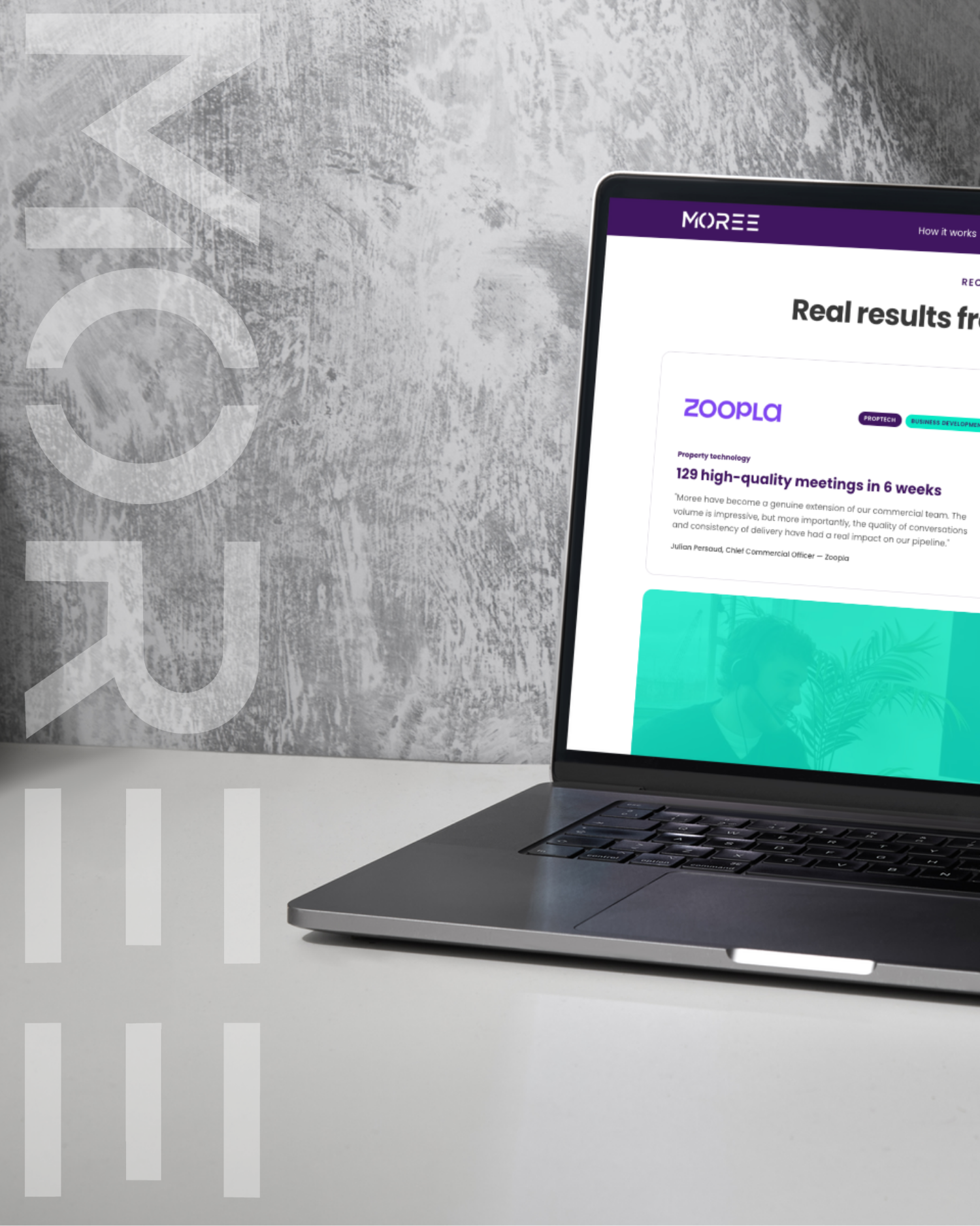 Moree real results page with Zoopla case study on laptop